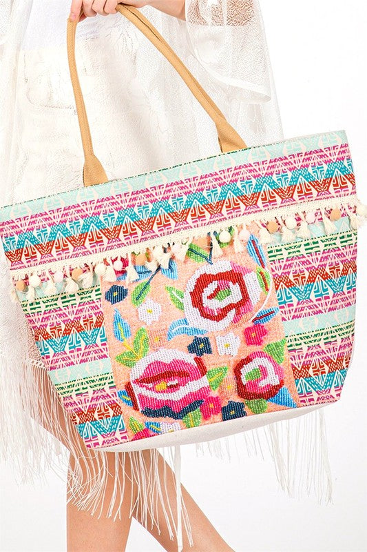 Spring Flower Embroidered Oversize Tote Bag