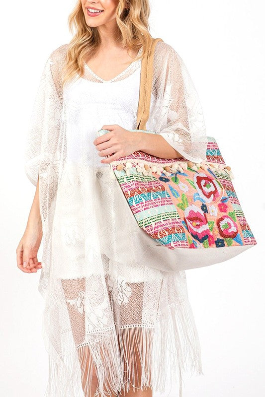 Spring Flower Embroidered Oversize Tote Bag