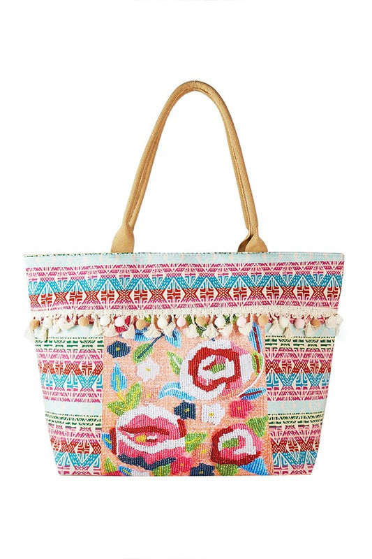 Spring Flower Embroidered Oversize Tote Bag