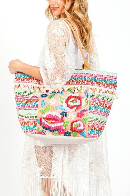 Spring Flower Embroidered Oversize Tote Bag