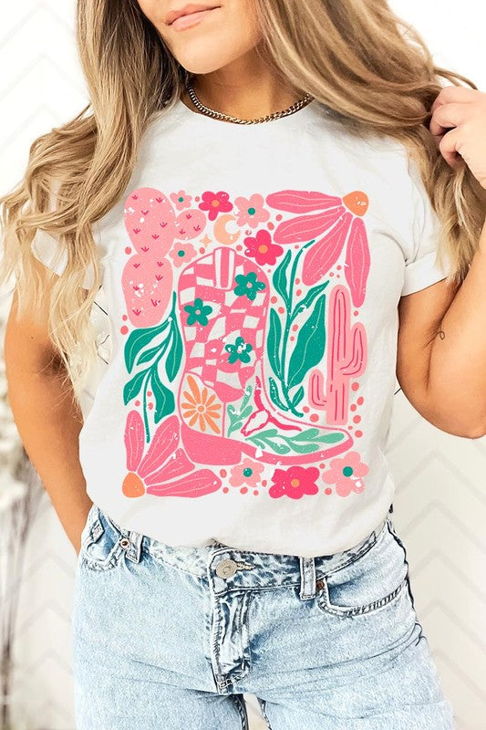 Boho Cowgirl Boot Floral Graphic T Shirts