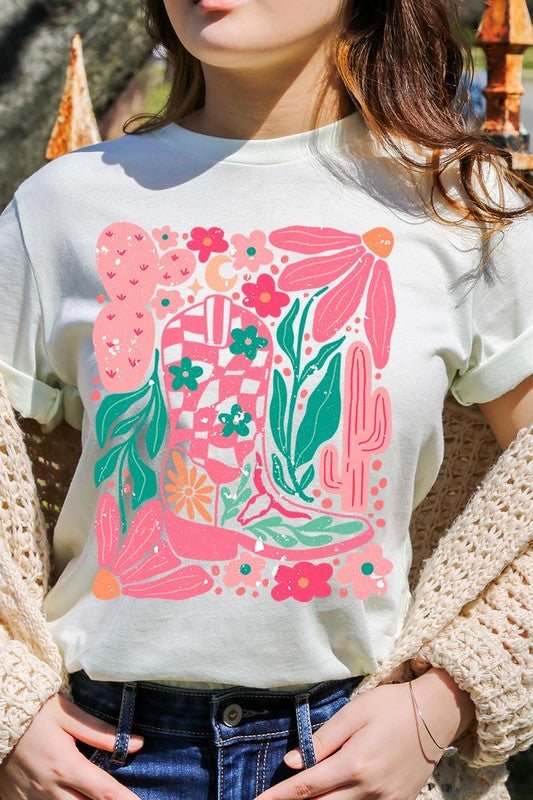 Boho Cowgirl Boot Floral Graphic T Shirts