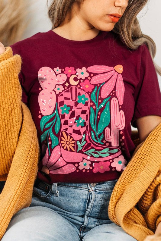 Boho Cowgirl Boot Floral Graphic T Shirts