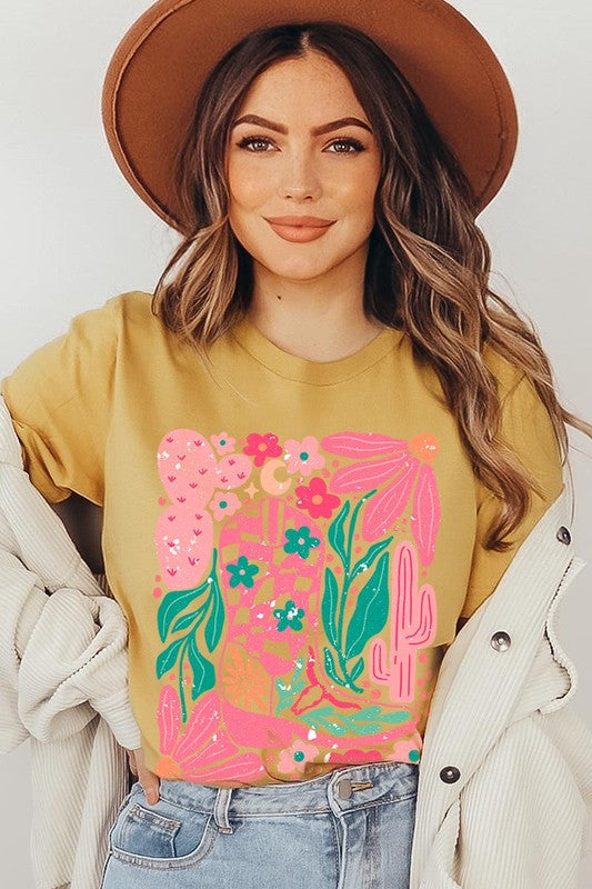 Boho Cowgirl Boot Floral Graphic T Shirts