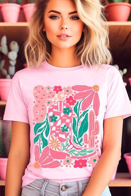 Boho Cowgirl Boot Floral Graphic T Shirts