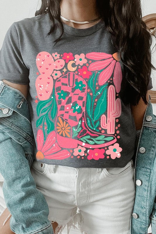 Boho Cowgirl Boot Floral Graphic T Shirts