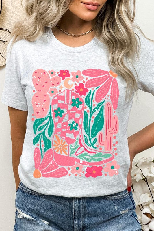 Boho Cowgirl Boot Floral Graphic T Shirts