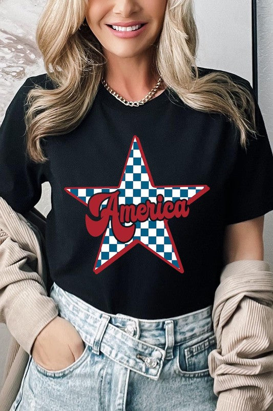 America Checkered Star Graphic T Shirts