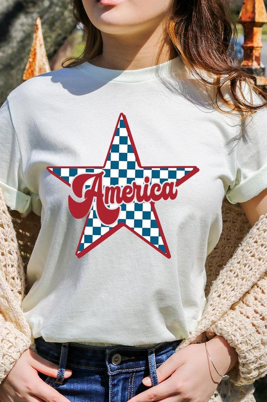 America Checkered Star Graphic T Shirts