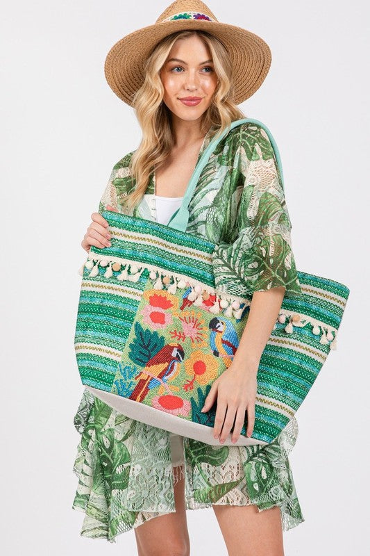 Bird and Tassel Tote Bag