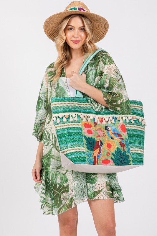 Bird and Tassel Tote Bag