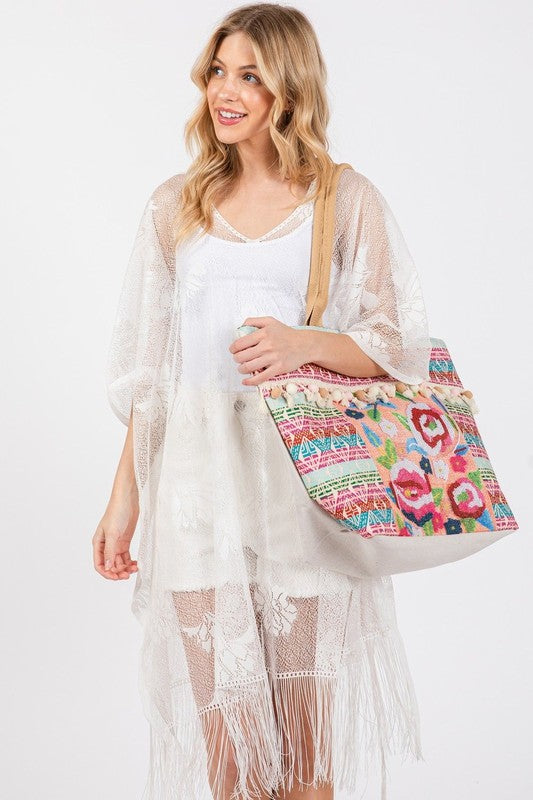 Flower and Tassel Tote Bag