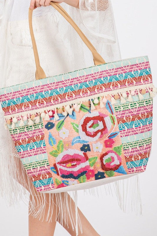 Flower and Tassel Tote Bag