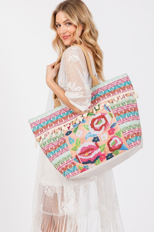 Flower and Tassel Tote Bag