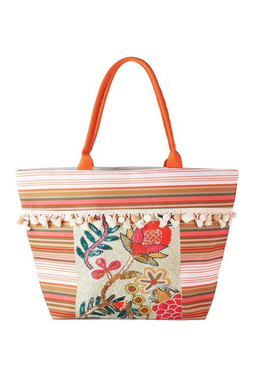 Various Flower and Tassel Tote Bag