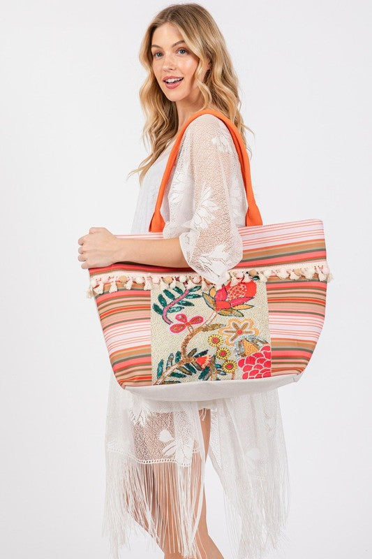 Various Flower and Tassel Tote Bag