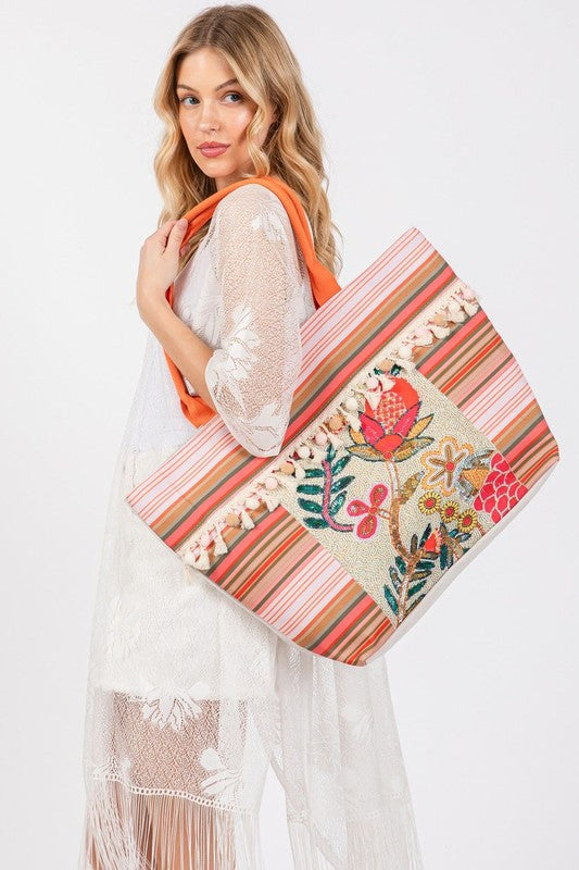 Various Flower and Tassel Tote Bag