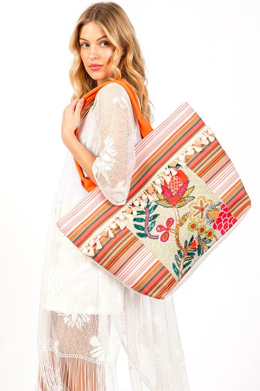 Boho Flower Embroidered Oversize Tote Bag