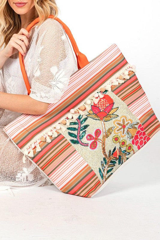 Boho Flower Embroidered Oversize Tote Bag