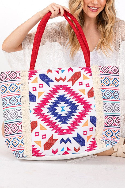 Aztec Printed Embroidered Oversize Tote Bag