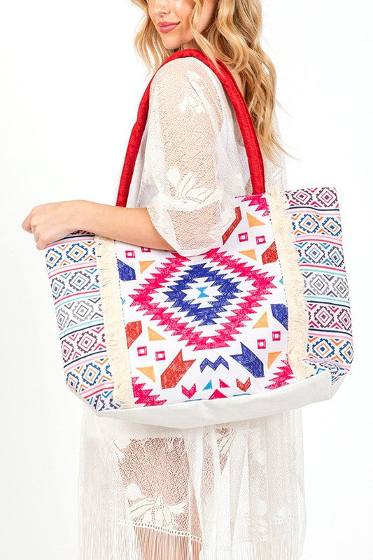 Aztec Printed Embroidered Oversize Tote Bag