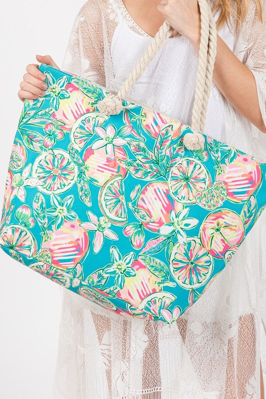 Fruit and Flower Print Tote Bag