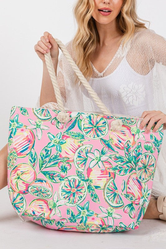 Fruit and Flower Print Tote Bag