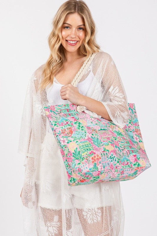 Dolphin and Flower Print Tote Bag