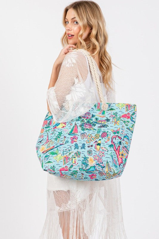 Beach and Flower Print Tote Bag