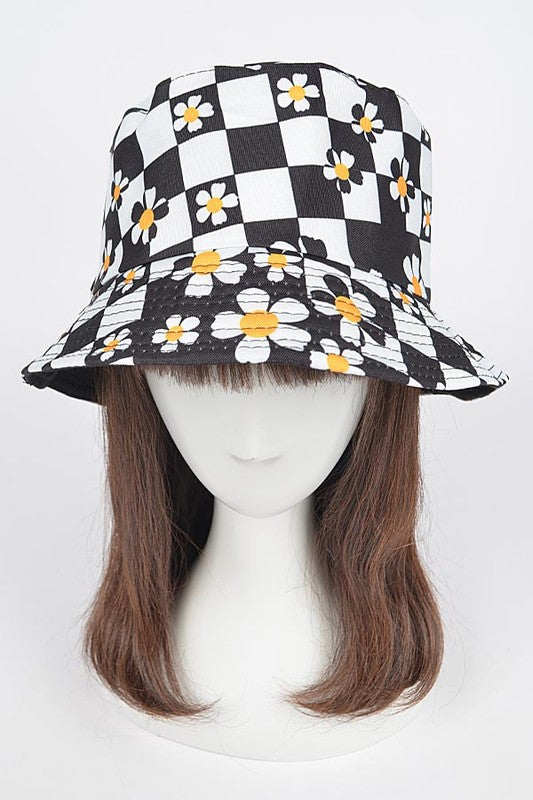 Checker Board Daisy Print Bucket Hat