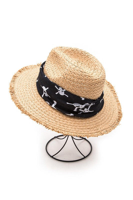 Skull Printed Band Raw Edge Straw Hat