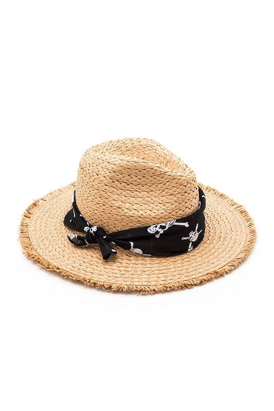 Skull Printed Band Raw Edge Straw Hat