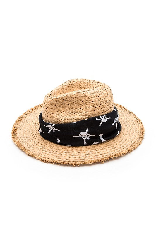 Skull Printed Band Raw Edge Straw Hat