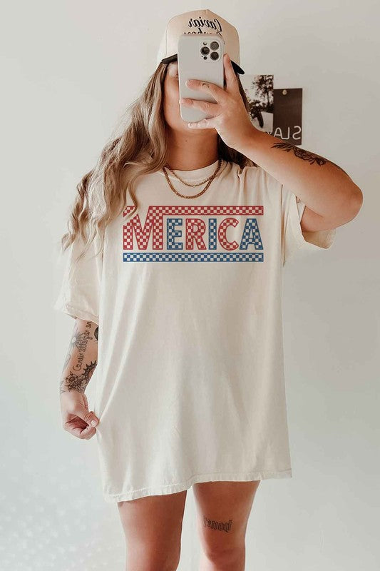 CHECKERED MERICA USA OVERSIZED GRAPHIC TEE