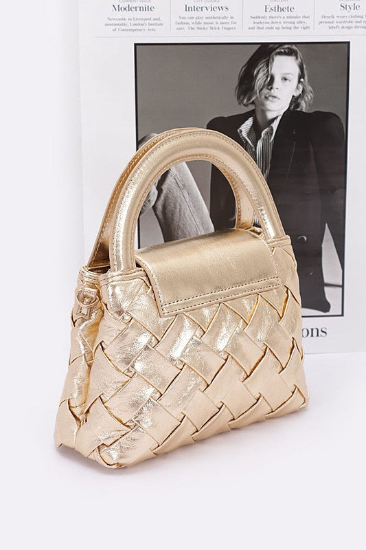 Weaved Metallic Faux Leather Top Handle Swing Bag