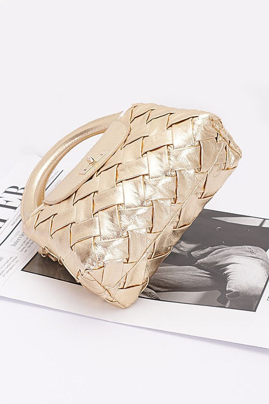 Weaved Metallic Faux Leather Top Handle Swing Bag