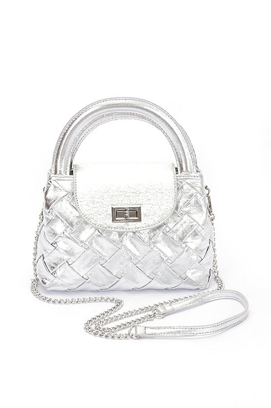 Weaved Metallic Faux Leather Top Handle Swing Bag