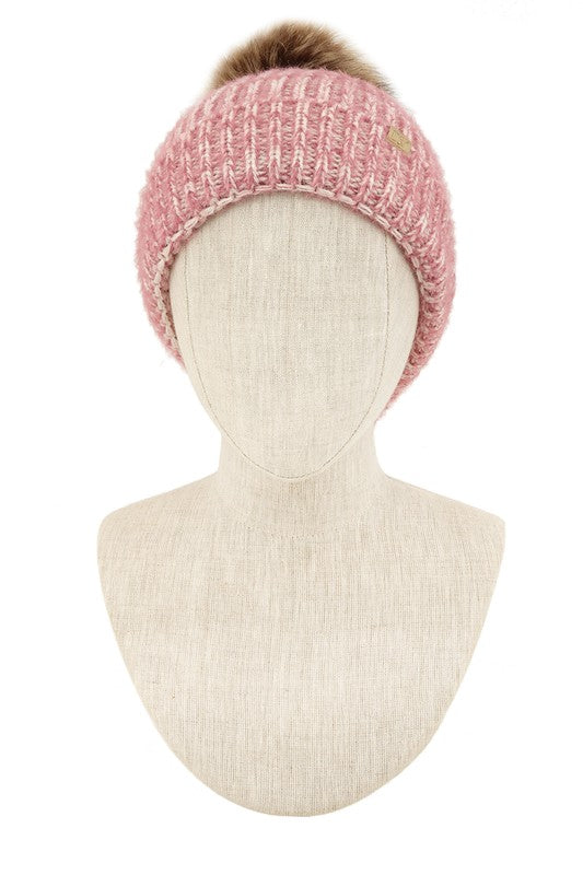 Sable Touch Feather Knit Beanie with Fur Pom