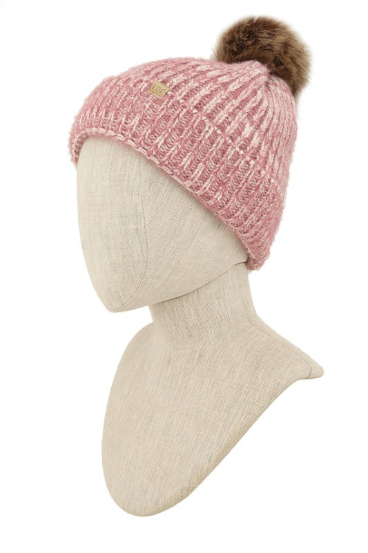 Sable Touch Feather Knit Beanie with Fur Pom