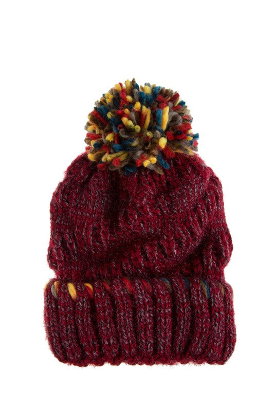 Multi Color Knit Beanie with Pop Color Pom