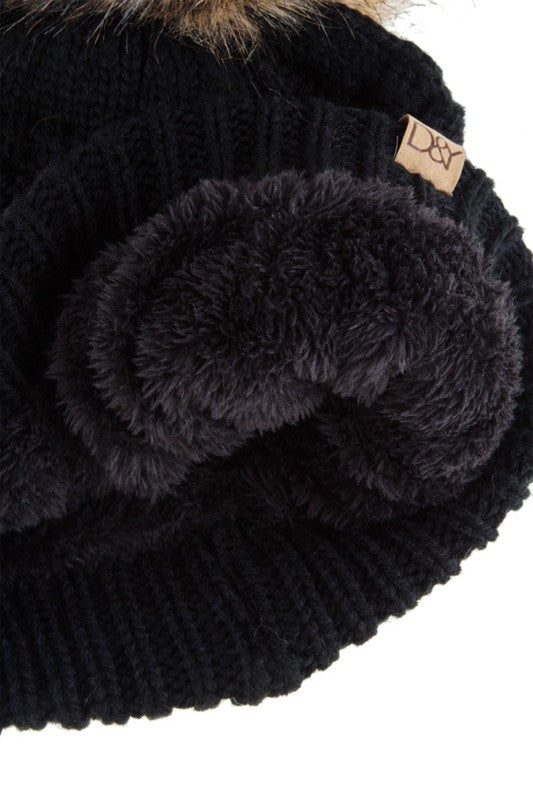 Cable Knit Beanie with Super Pom and Inner Lining