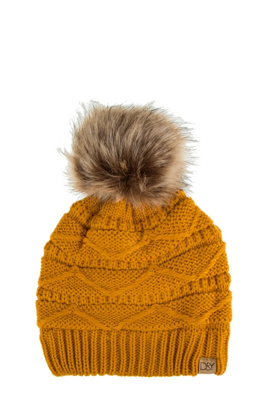 Cable Knit Beanie with Super Pom and Inner Lining