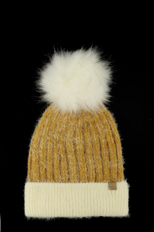 Super Soft Yarn Beanie with Faux Fur Pom