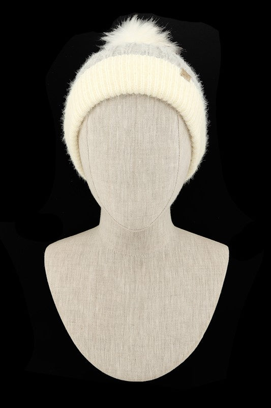 Super Soft Yarn Beanie with Faux Fur Pom