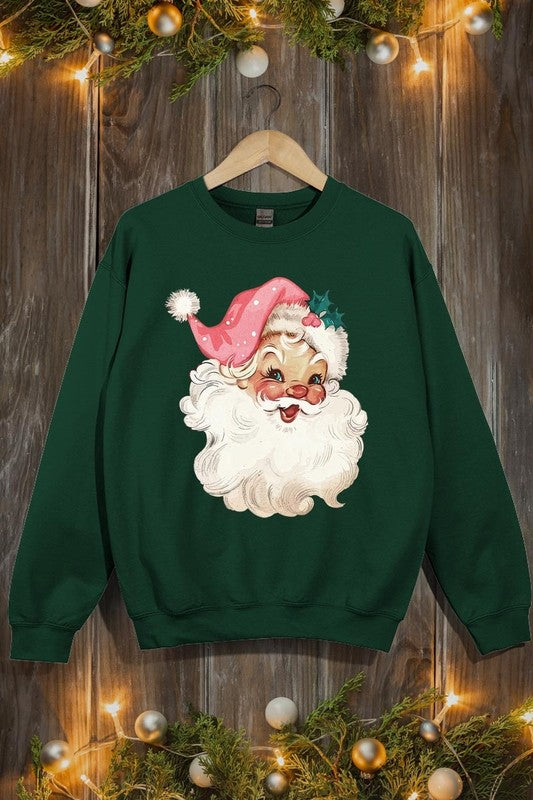 Retro Pink Santa Graphic Fleece Sweatshirts