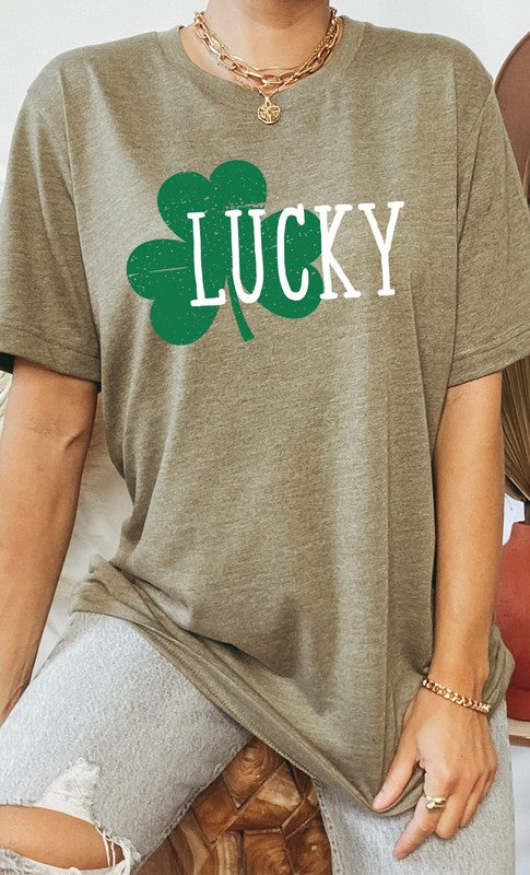 White Lucky with Green Shamrock Graphic Tee T-Shirt