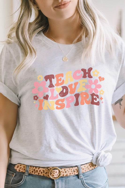 Teach Love Inspire Floral Star Teacher Graphic Tee T-Shirt