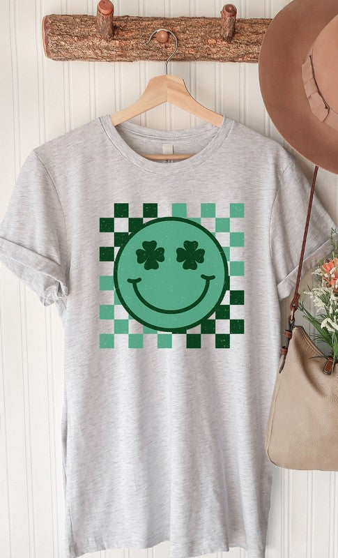 Checkered Clover Smiley St Patricks Graphic Tee T-Shirt