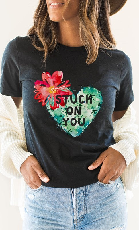 Blooming Cactus Stuck on You Valentine Graphic Tee T-Shirt