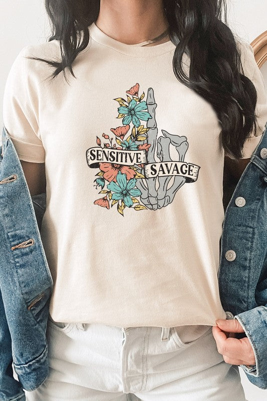 Sensitive Savage Floral Skeleton Hand Graphic Tee T-Shirt